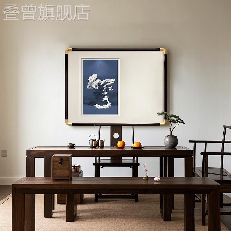 新中式韵味蓝调山水松树装饰画客厅沙发背景墙卧室床头艺术挂画图片