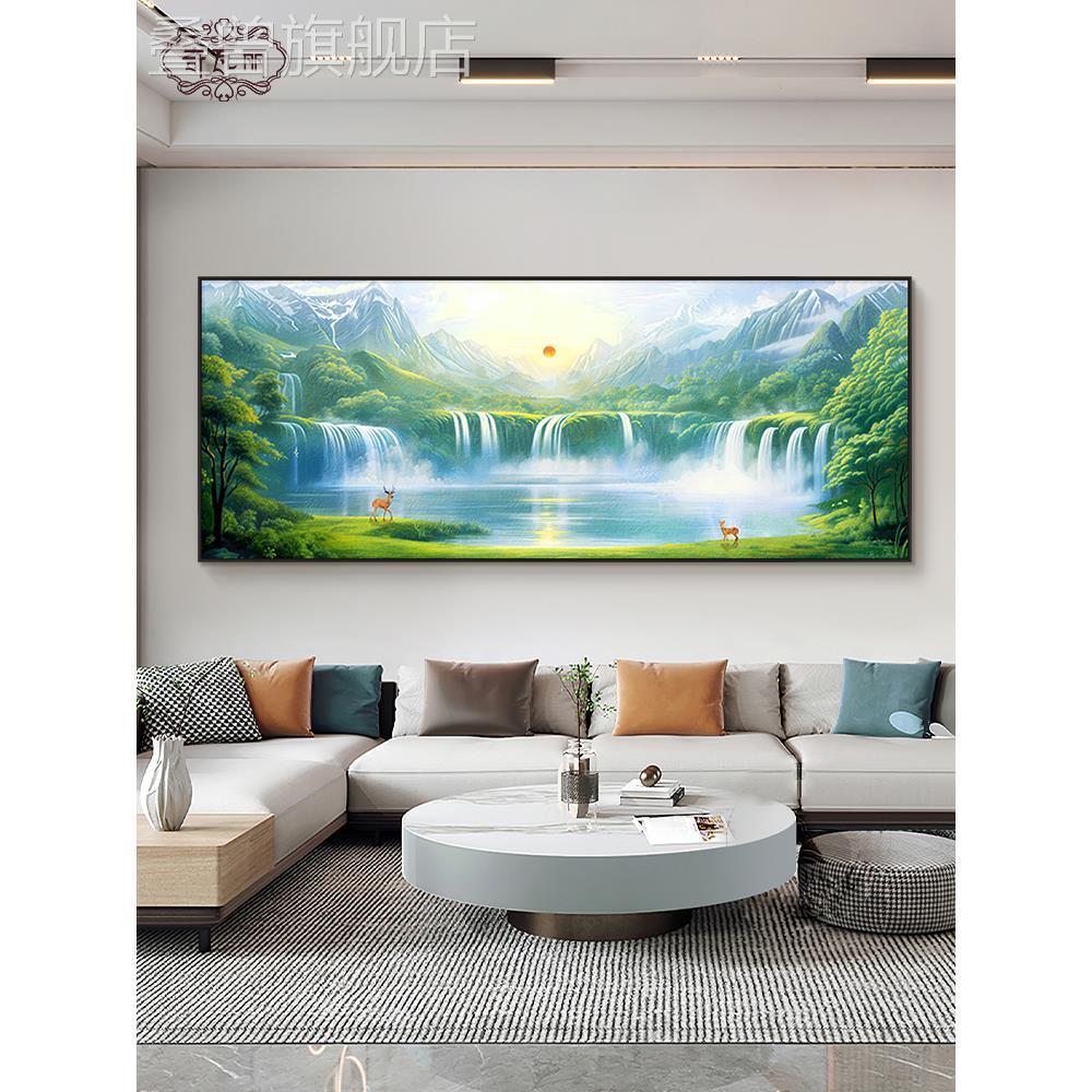 流水钱客厅沙发背景墙装饰画2025新山水壁画朝日东升东墙面挂画