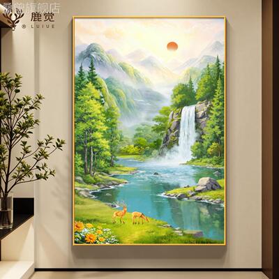 山水流水生财风景画玄关竖版挂画东墙走廊过道装饰画旭日东升壁画