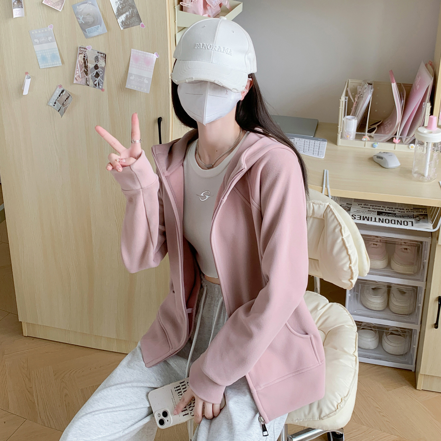 粉色卫衣加绒修身显瘦保暖外套