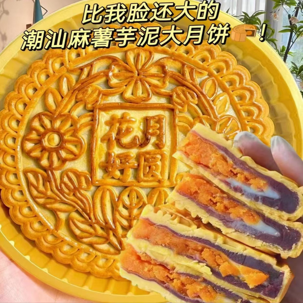 花好月圆紫薯芋泥麻薯大月饼潮汕广式月饼咸蛋黄肉松馅网红中秋月