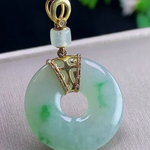 缅甸翡翠甜甜圈镶金玉吊坠天然玉石A货18K金镶嵌冰种飘绿证书0204