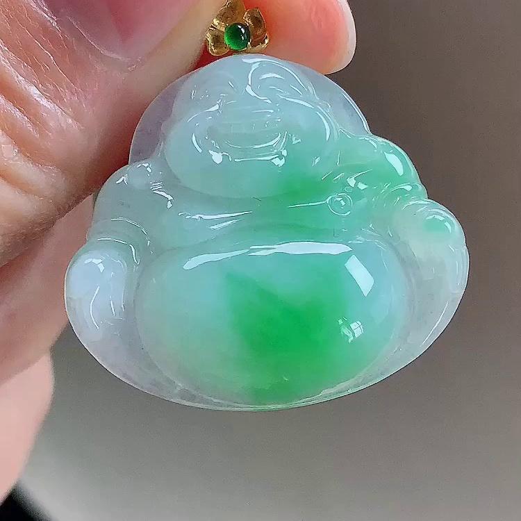 缅甸翡翠佛公镶金玉吊坠天然玉石A货18K金镶嵌冰种阳绿正品1107