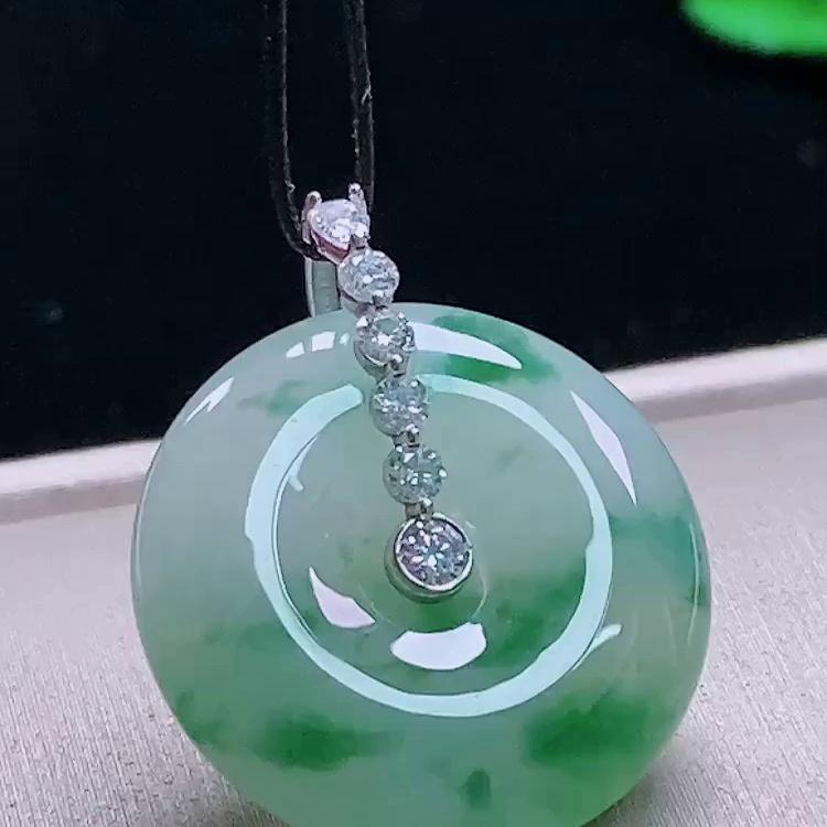 缅甸翡翠平安扣镶金玉吊坠天然玉石A货18K金镶嵌冰种飘花正品1016