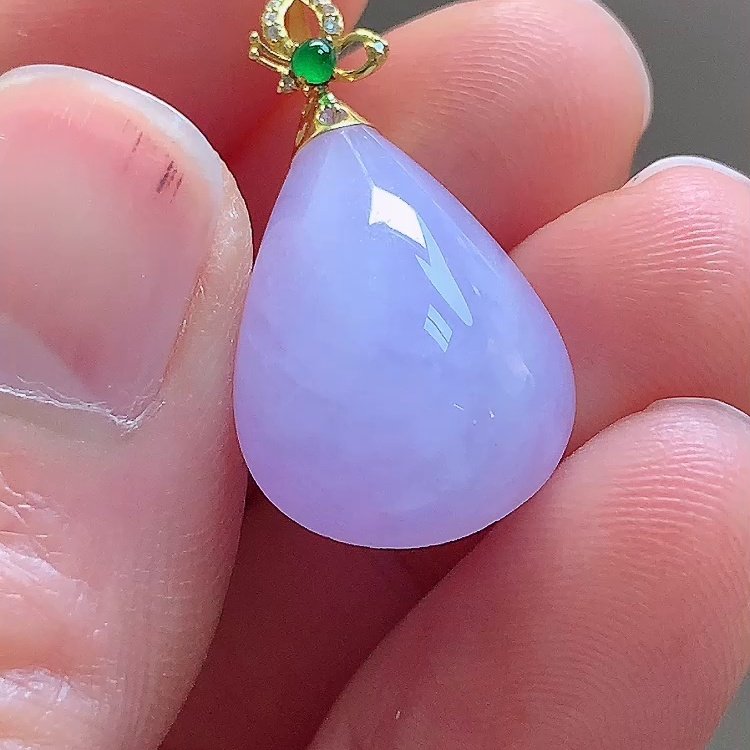 缅甸翡翠水滴镶金玉吊坠天然玉石A货18K金镶嵌冰种紫罗兰老坑0130
