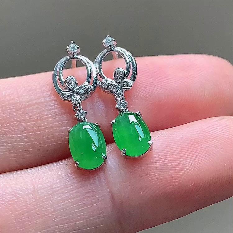 缅甸翡翠镶金玉耳钉天然玉石A货18K金镶嵌冰种满绿证书老坑1028