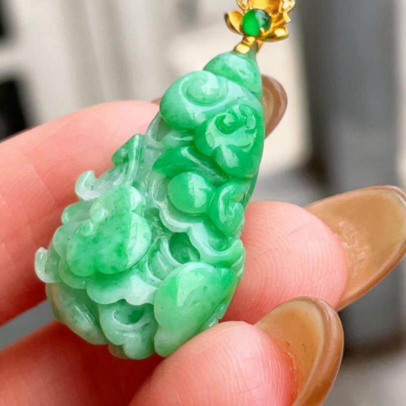 缅甸翡翠白菜镶金玉吊坠天然玉石A货18K金镶嵌冰种辣绿正品0601