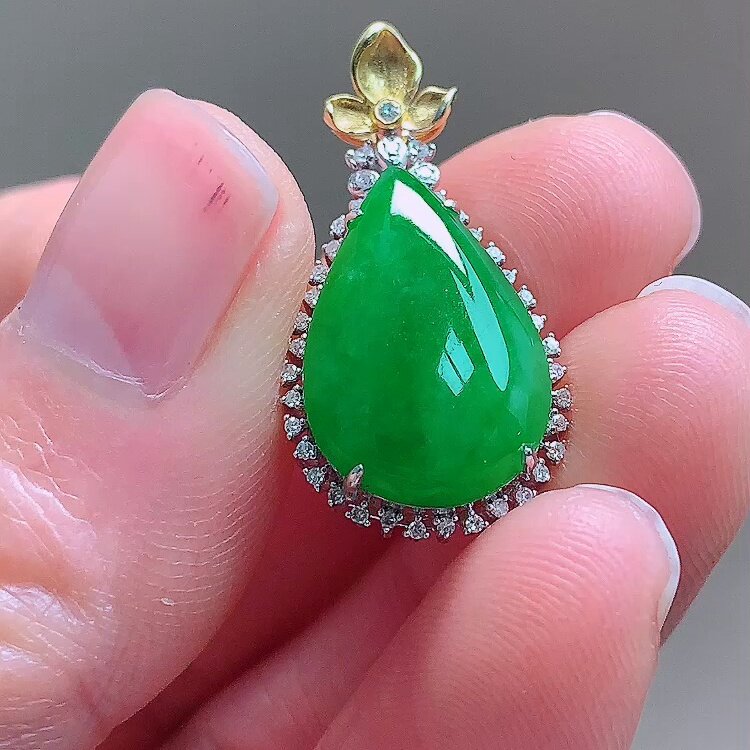 缅甸翡翠水滴镶金玉吊坠天然玉石A货18K金镶嵌冰种满绿老坑0123