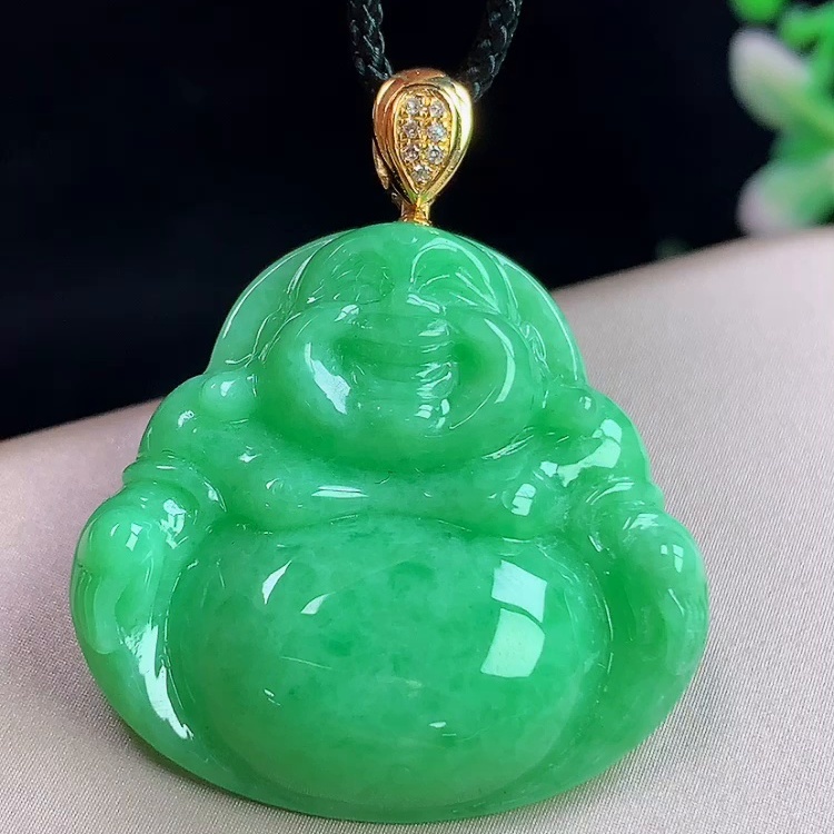 缅甸翡翠佛公镶金玉吊坠天然玉石