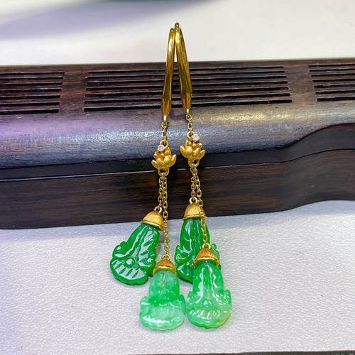 缅甸翡翠白菜镶金玉耳坠天然玉石