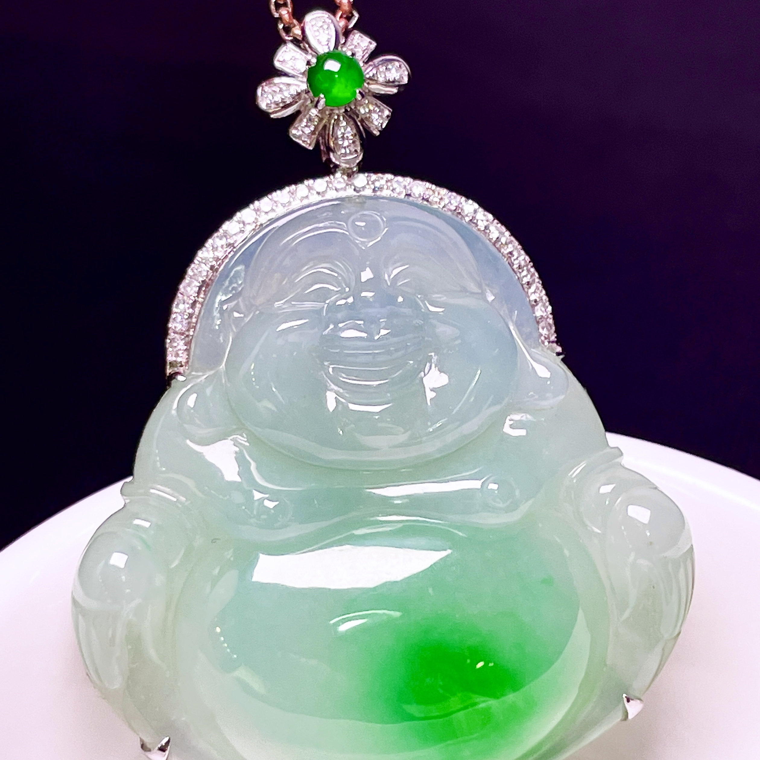 缅甸翡翠佛公镶金玉吊坠天然玉石A货18K金镶嵌冰种辣绿正品0530