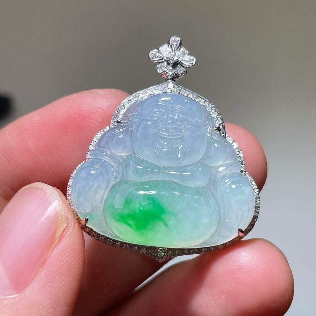 缅甸翡翠佛公镶金玉吊坠天然玉石A货18K金镶嵌冰种阳绿礼物1021