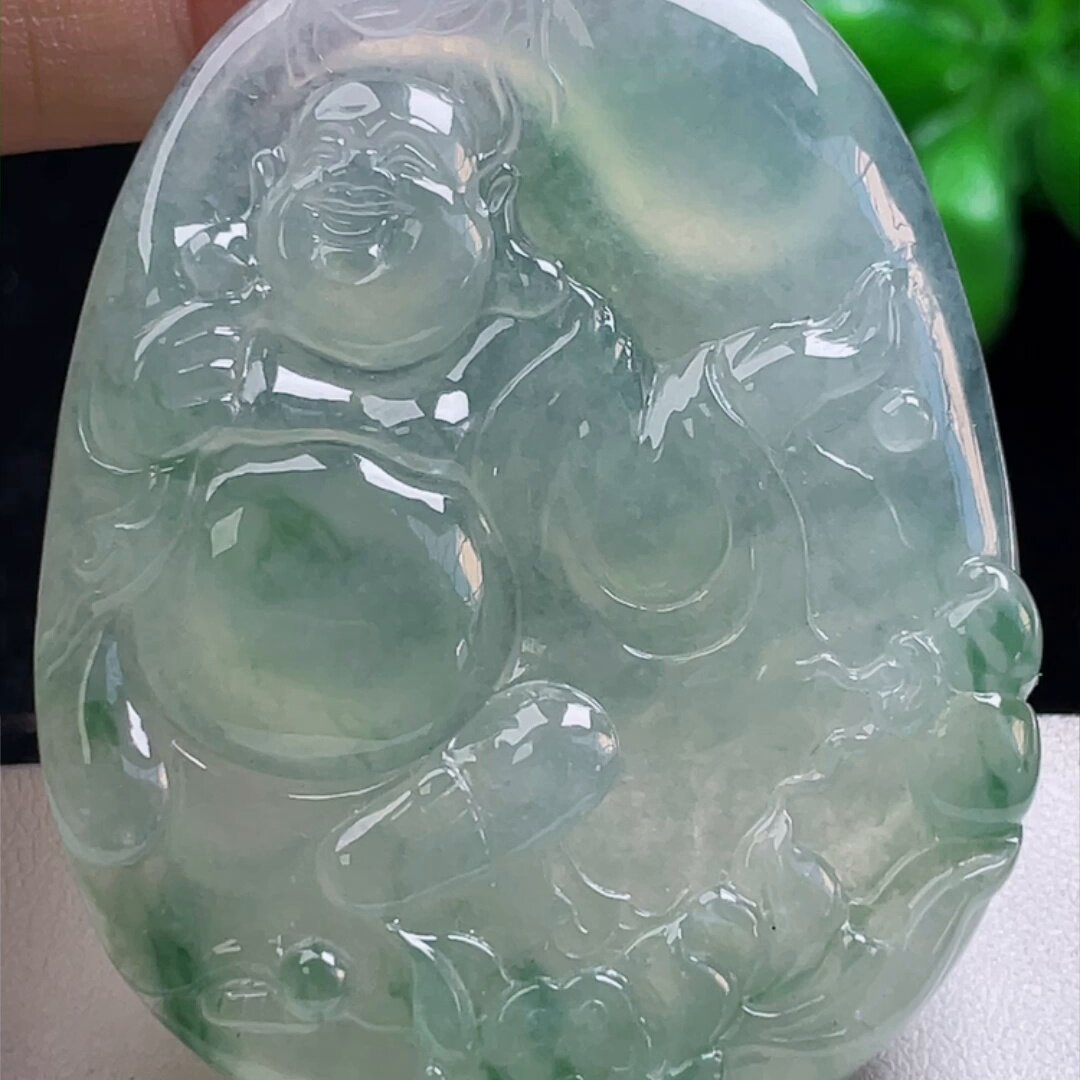 缅甸翡翠弥勒佛玉吊坠天然玉石A货冰种飘花老坑收藏高档证书1023