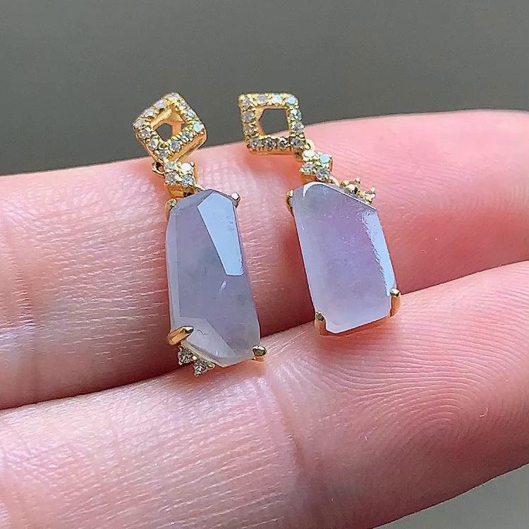 缅甸翡翠镶金玉耳钉天然玉石A货18K金镶嵌冰糯种紫罗兰高档1028