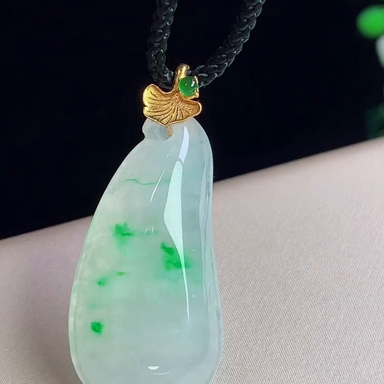 缅甸翡翠福瓜镶金玉吊坠天然玉石A货18K金镶嵌冰种飘绿礼物1203