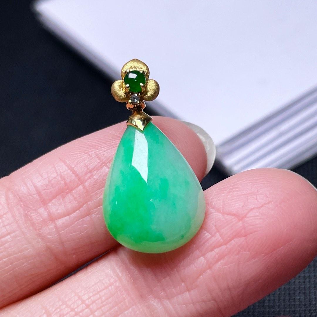 缅甸翡翠水滴镶金玉吊坠天然玉石A货18K金镶嵌冰糯种辣绿礼物1021