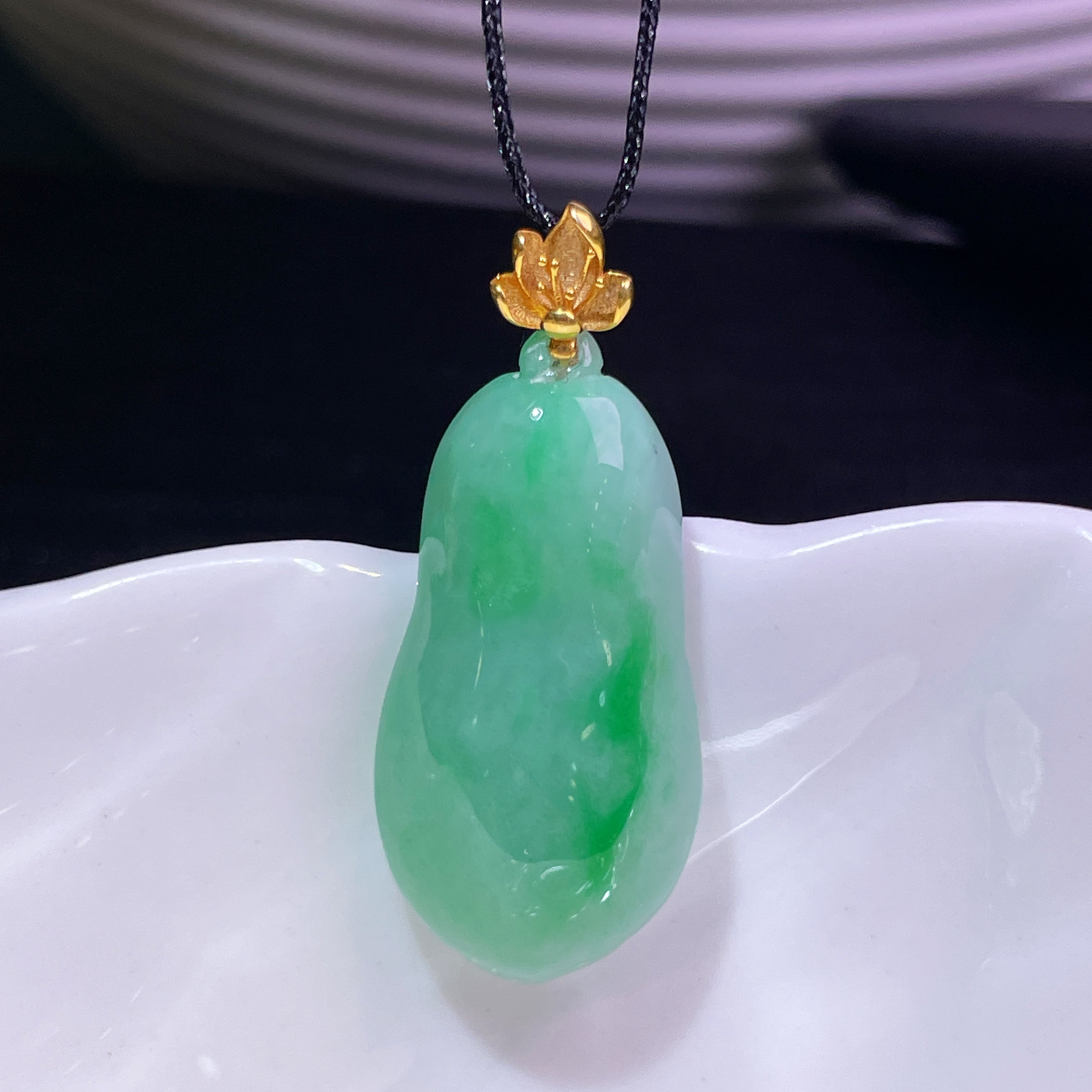 缅甸翡翠葫芦镶金玉吊坠天然玉石A货18K金镶嵌冰糯种飘绿高档0528
