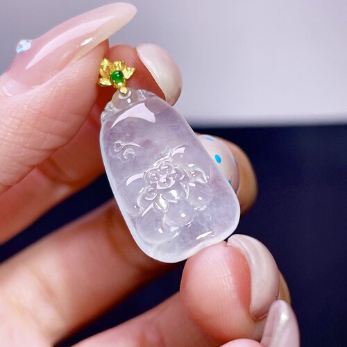 缅甸翡翠莲花镶金玉吊坠天然玉石