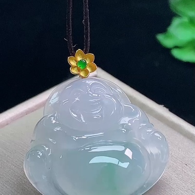 缅甸翡翠佛公镶金玉吊坠天然玉石