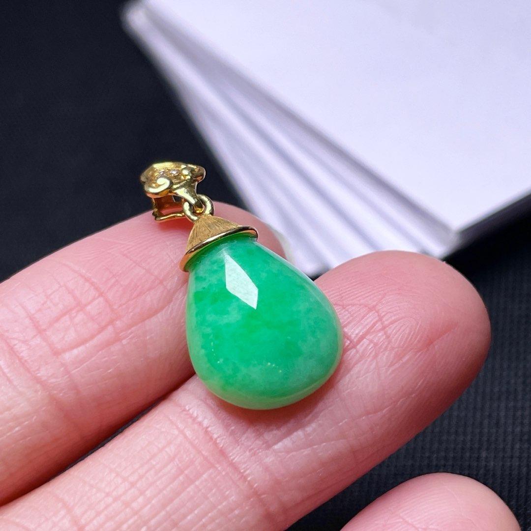 缅甸翡翠水滴镶金玉吊坠天然玉石A货18K金镶嵌冰糯种辣绿收藏0930