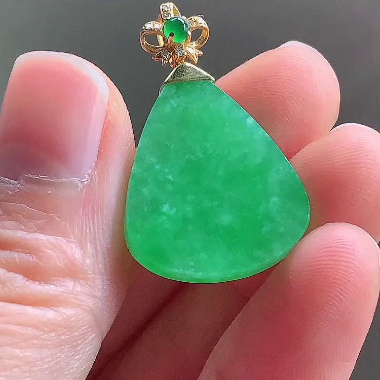缅甸翡翠水滴镶金玉吊坠天然玉石A货18K金镶嵌冰种晴绿收藏1107