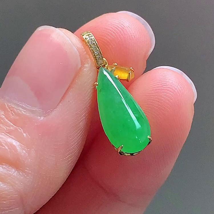 缅甸翡翠水滴镶金玉吊坠天然玉石A货18K金镶嵌冰种满绿正品1114