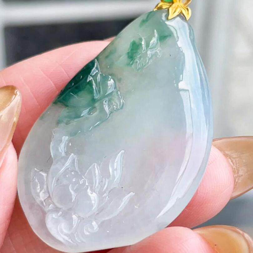 缅甸翡翠莲花镶金玉吊坠天然玉石A货18K金镶嵌冰种飘花证书0530