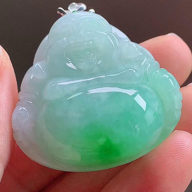 缅甸翡翠佛公镶金玉吊坠天然玉石A货18K金镶嵌冰种阳绿老坑1114