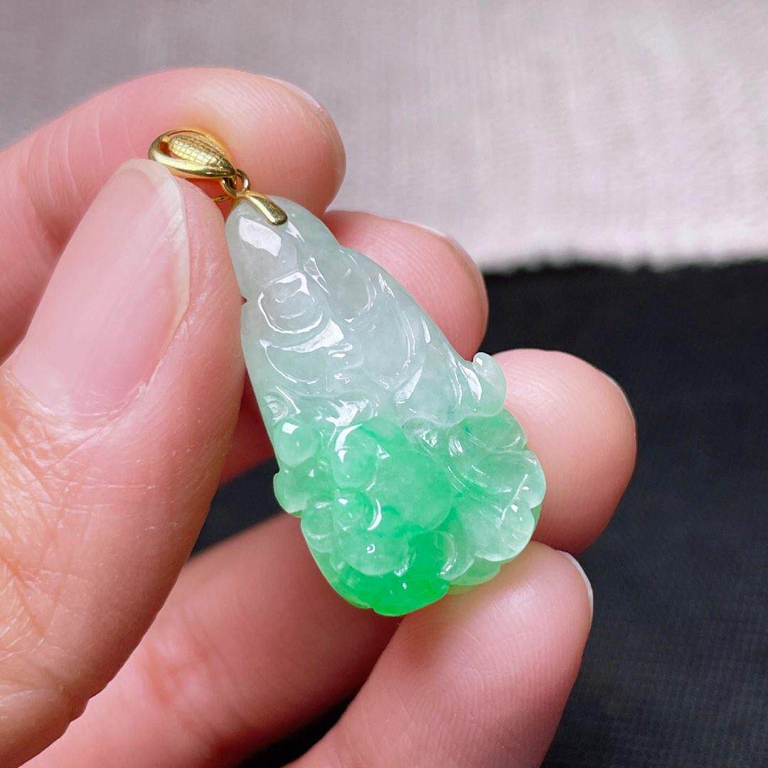 缅甸翡翠白菜镶金玉吊坠天然玉石a货18k金镶嵌冰糯种辣绿高档0930