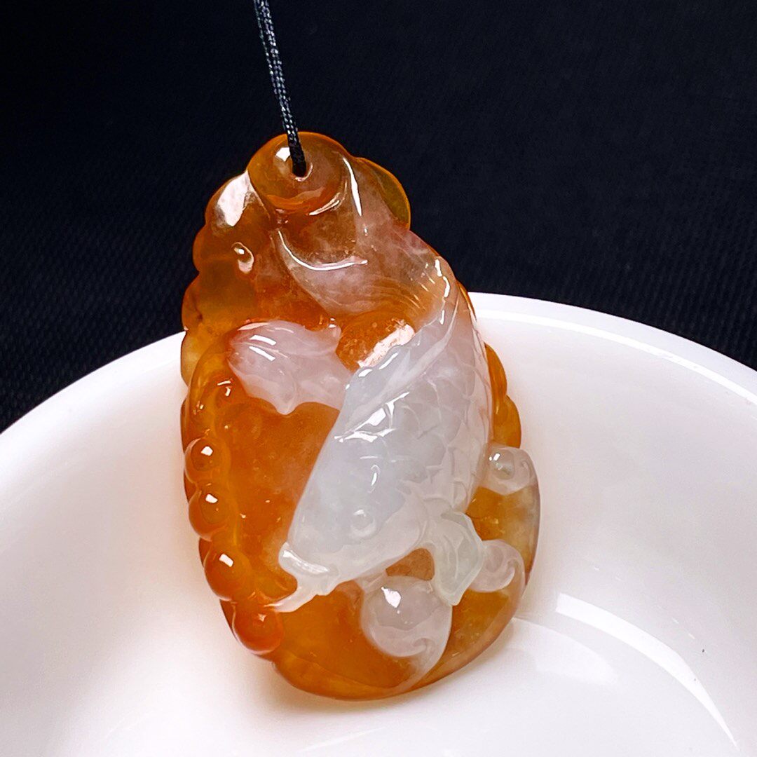 缅甸翡翠荷叶鱼玉吊坠天然玉石A货冰糯种黄翡证书高档老坑0223