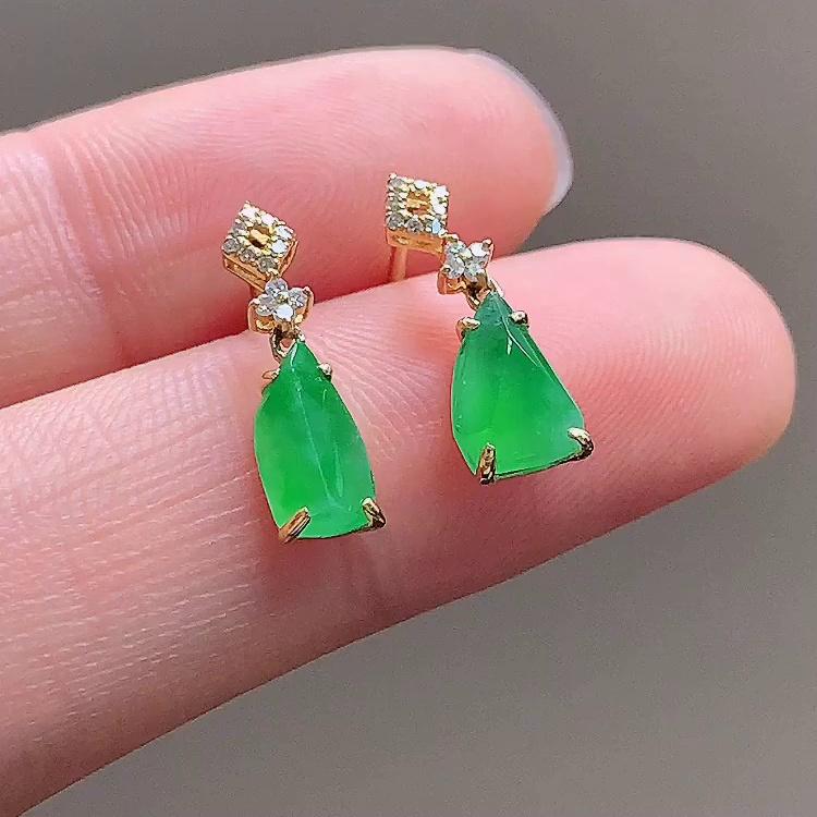 缅甸翡翠镶金玉耳钉天然玉石A货18K金镶嵌冰种满绿礼物证书1028