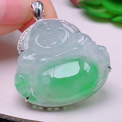 缅甸翡翠佛公镶金玉吊坠天然玉石