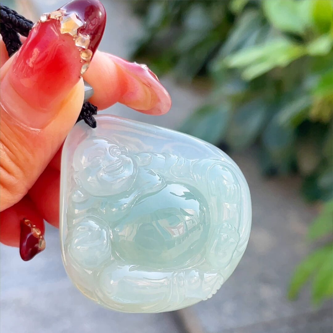 缅甸翡翠弥勒佛玉吊坠天然玉石A货冰种正品高档证书老坑收藏0528