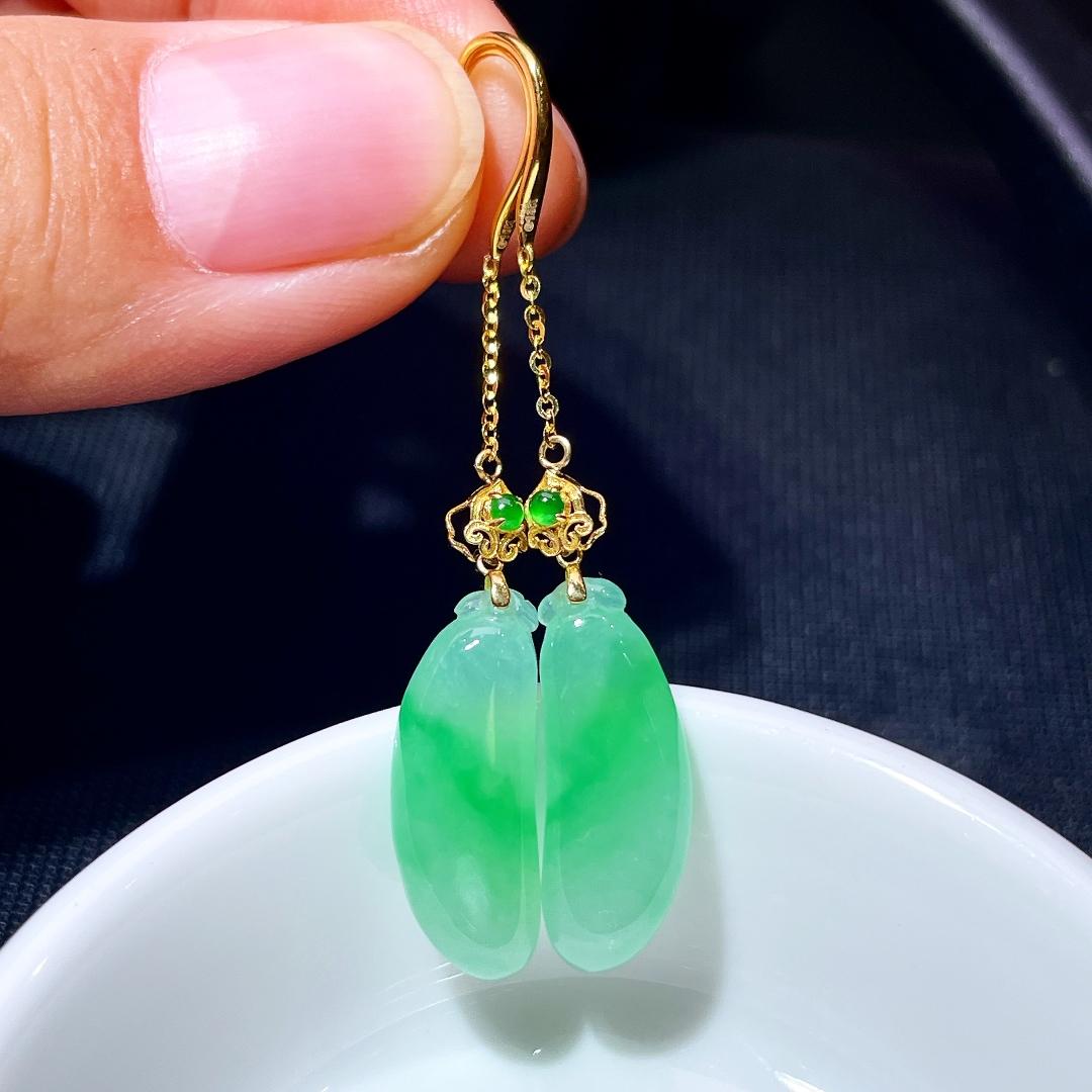 缅甸翡翠福瓜镶金玉耳环天然玉石A货18K金镶嵌冰种阳绿高档1008