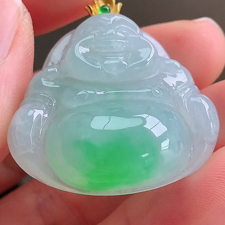 缅甸翡翠佛公镶金玉吊坠天然玉石A货18K金镶嵌冰种阳绿证书0102