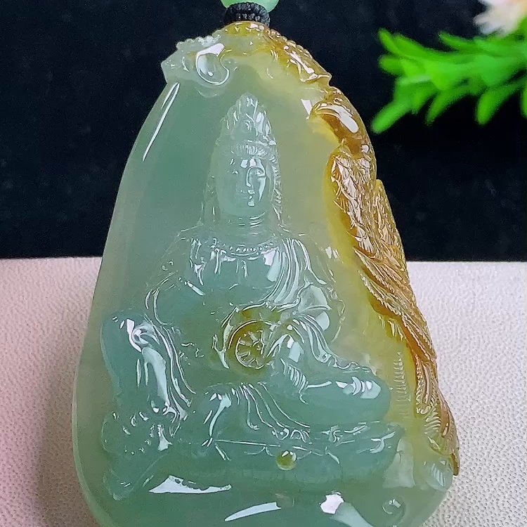 缅甸翡翠观音玉吊坠天然玉石A货玻璃种黄加绿礼物新款高档1230