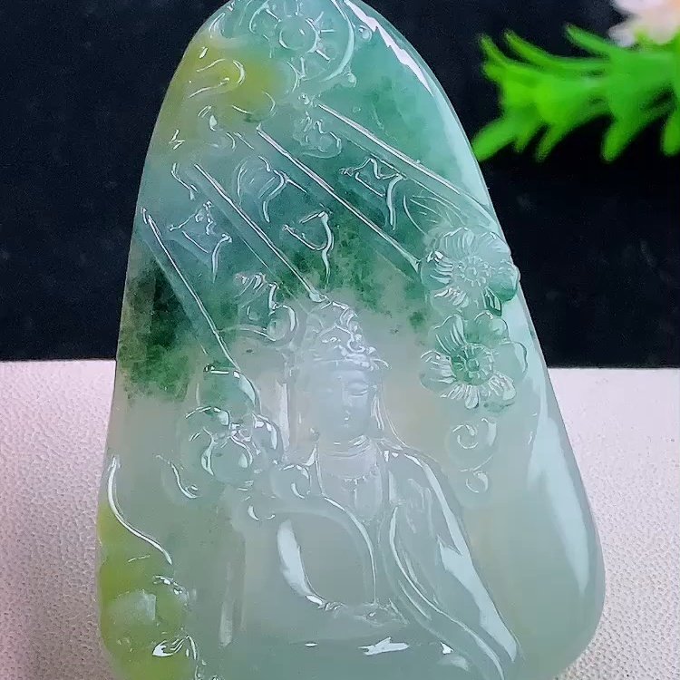 缅甸翡翠观音玉吊坠天然玉石A货冰种黄加绿老坑正品礼物新款1230