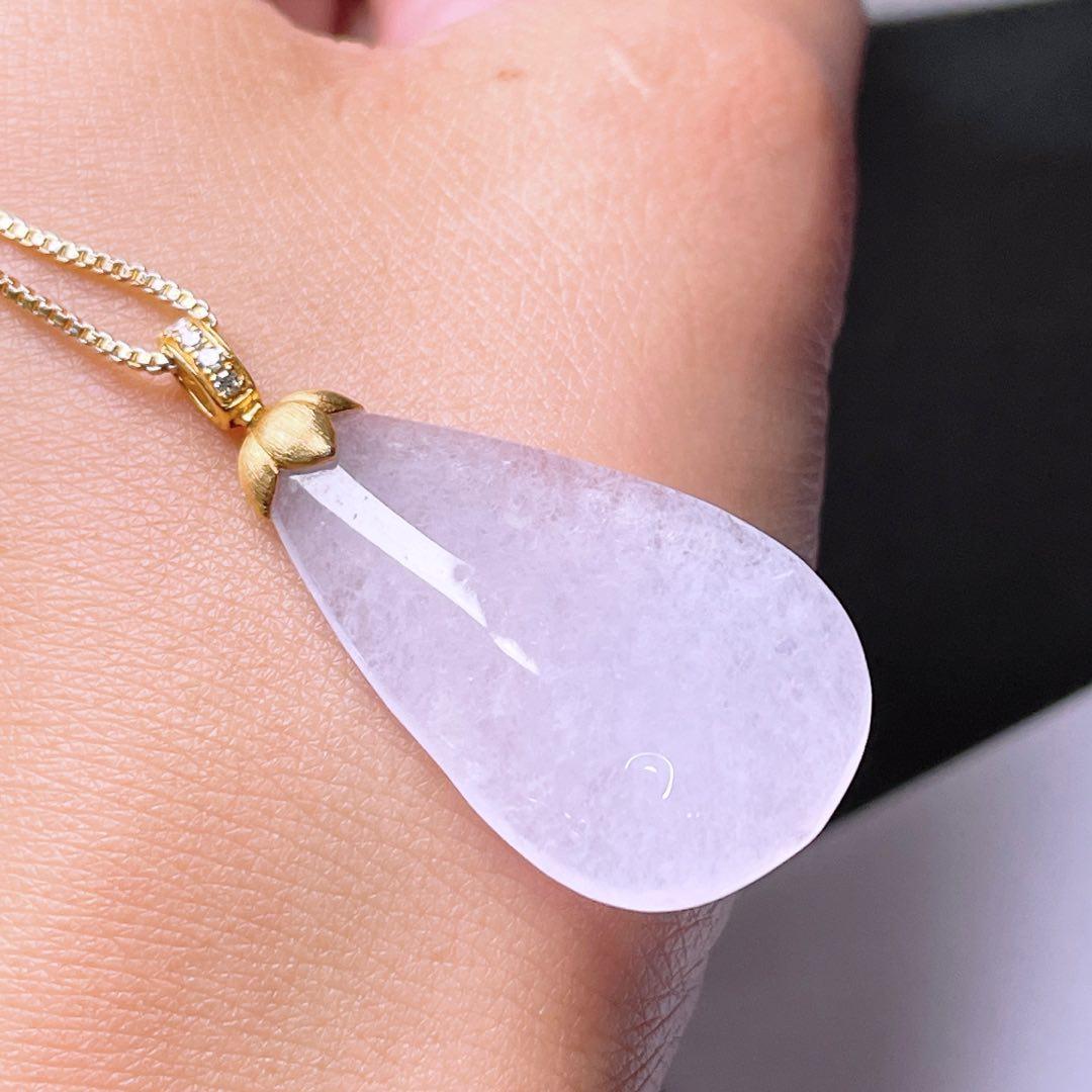 缅甸翡翠水滴镶金玉吊坠天然玉石A货18K金镶嵌冰种粉紫新款1021