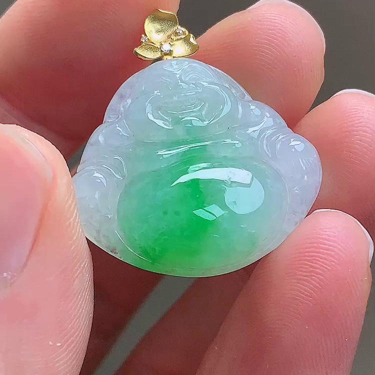 缅甸翡翠佛公镶金玉吊坠天然玉石A货18K金镶嵌冰种阳绿礼物1025