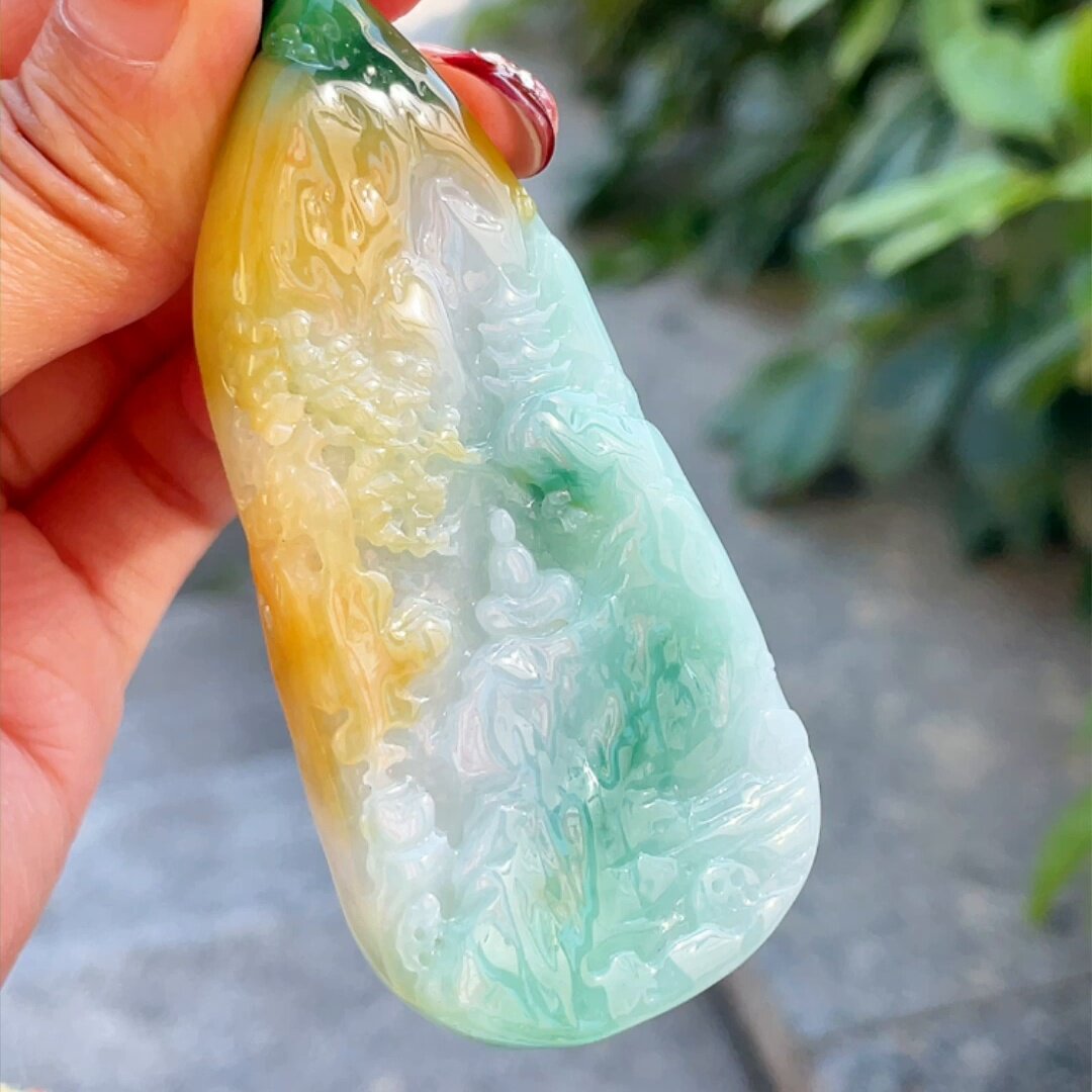 缅甸翡翠玉吊坠天然玉石A货冰种黄翡飘花老坑收藏新款礼物0528