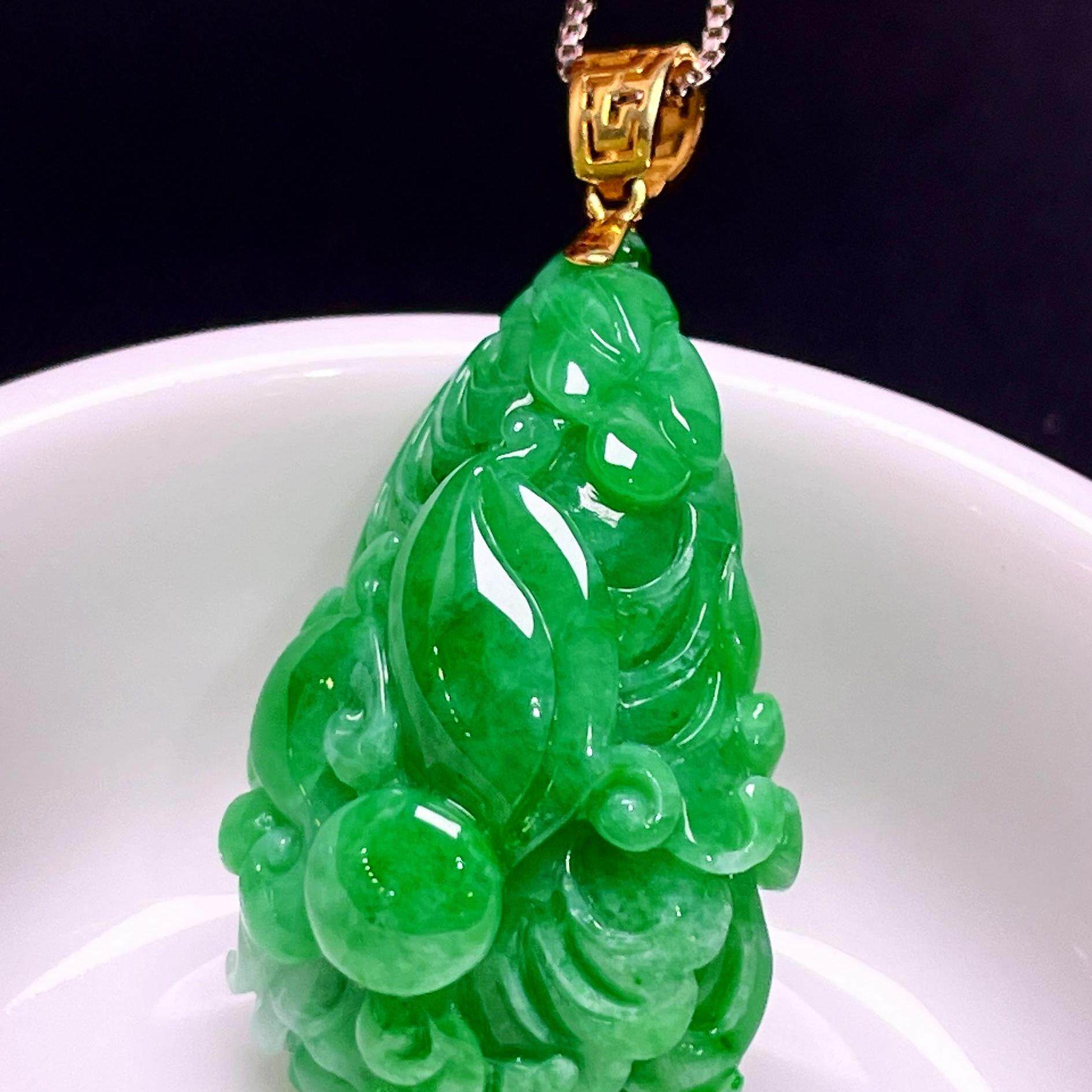 缅甸翡翠白菜镶金玉吊坠天然玉石A货18K金镶嵌冰种辣绿收藏0530