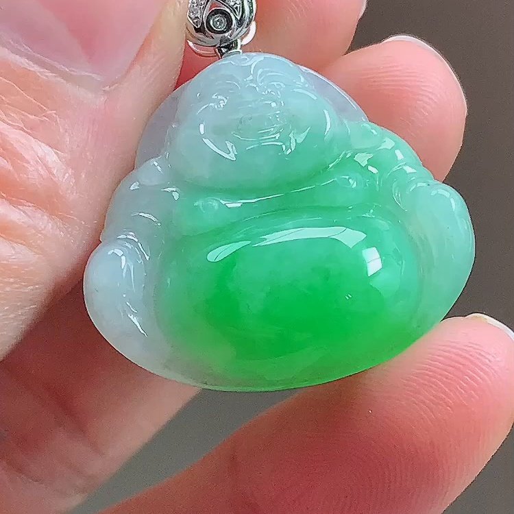 缅甸翡翠佛公镶金玉吊坠天然玉石A货18K金镶嵌冰种阳绿高档0102
