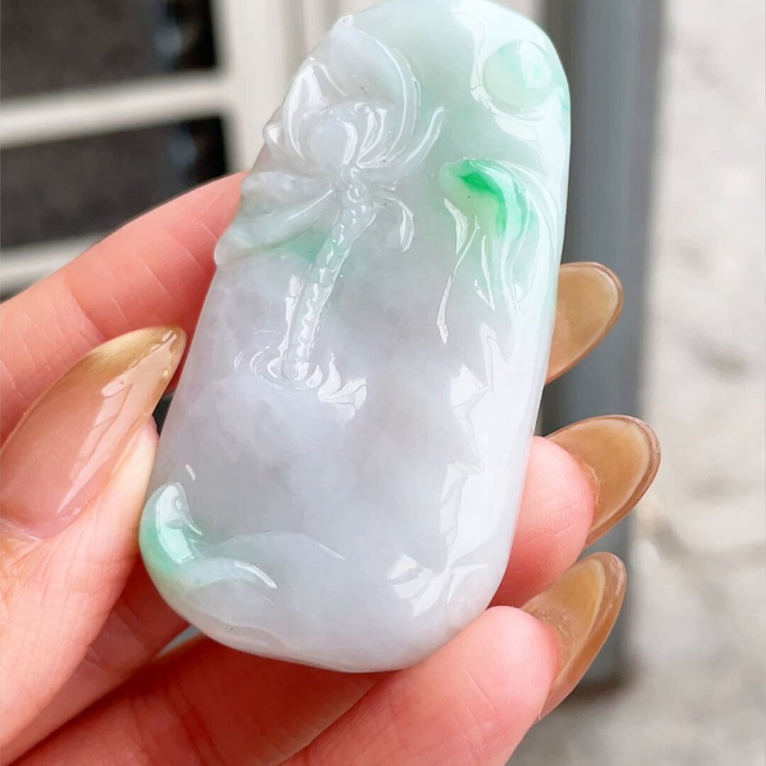 缅甸翡翠荷叶鱼玉吊坠天然玉石A货冰种飘绿飘绿花证书新款0601
