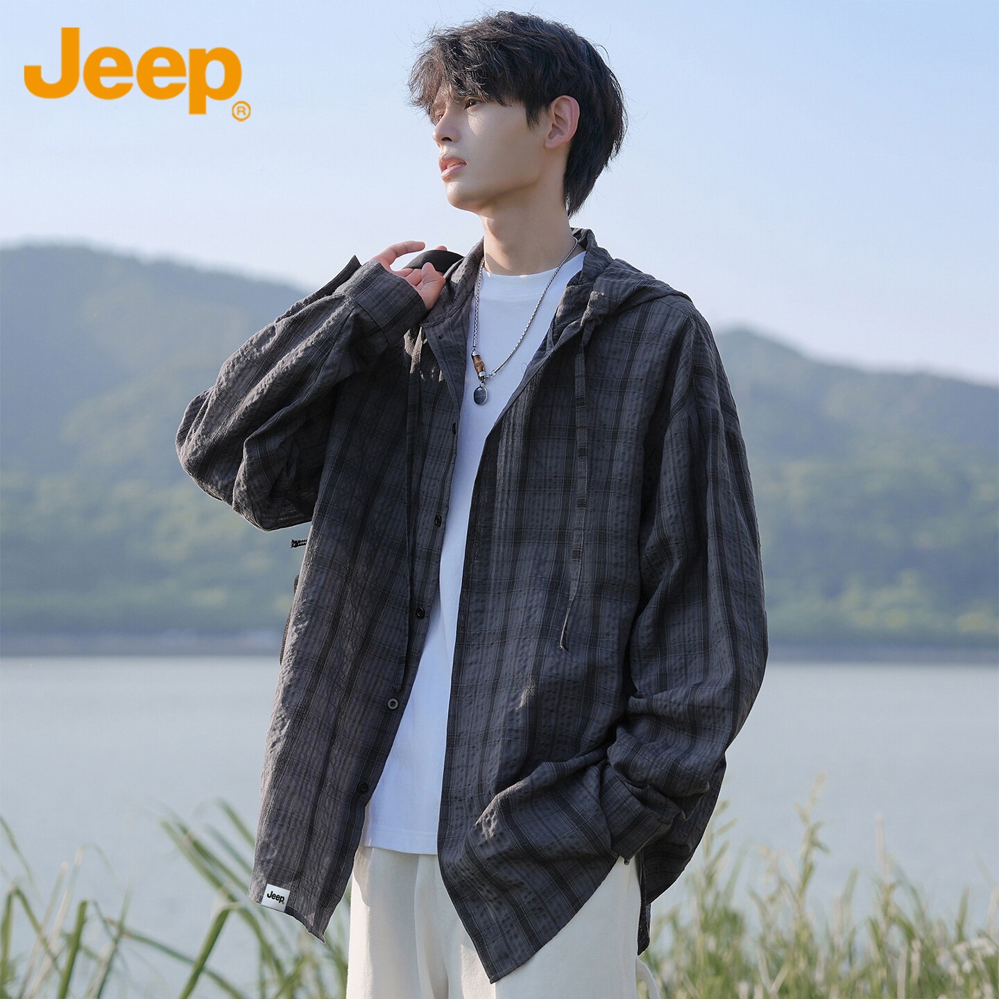 Jeep吉普连帽衬衫外套男士夏季2026年薄款复古格纹防晒长袖衬衣男