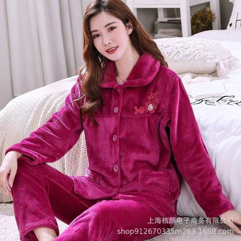 大码法兰绒睡衣女秋冬加厚