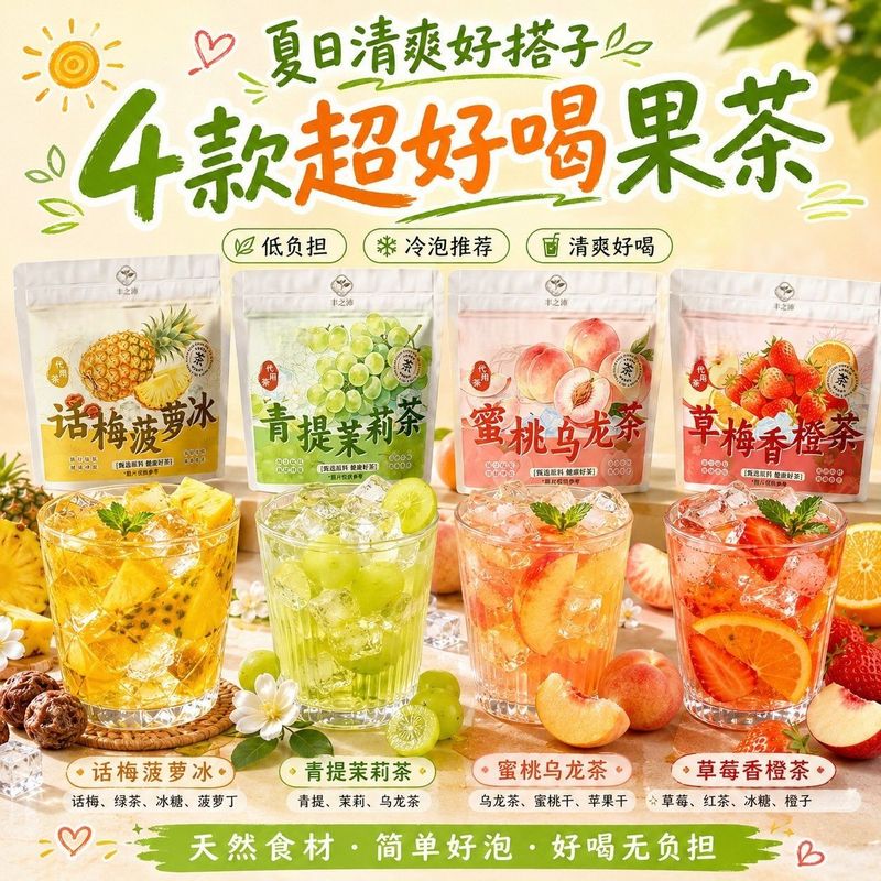 夏日冷泡水果茶组合清爽话梅菠萝冰青提茉莉蜜桃乌龙茶学生养生茶