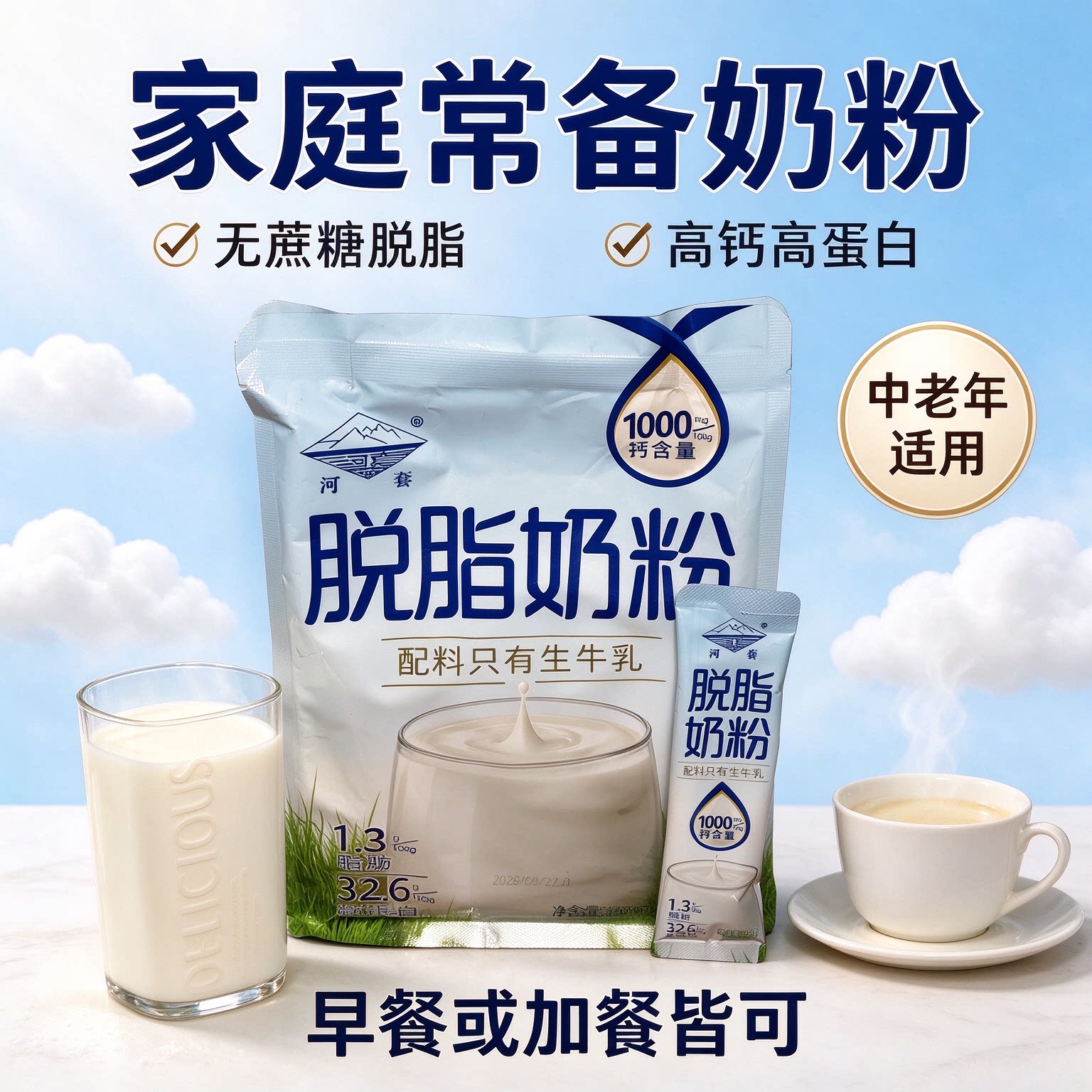 河套脱脂奶粉无糖0脂肪独立包装成人孕妇高蛋白牛奶温水健身学生