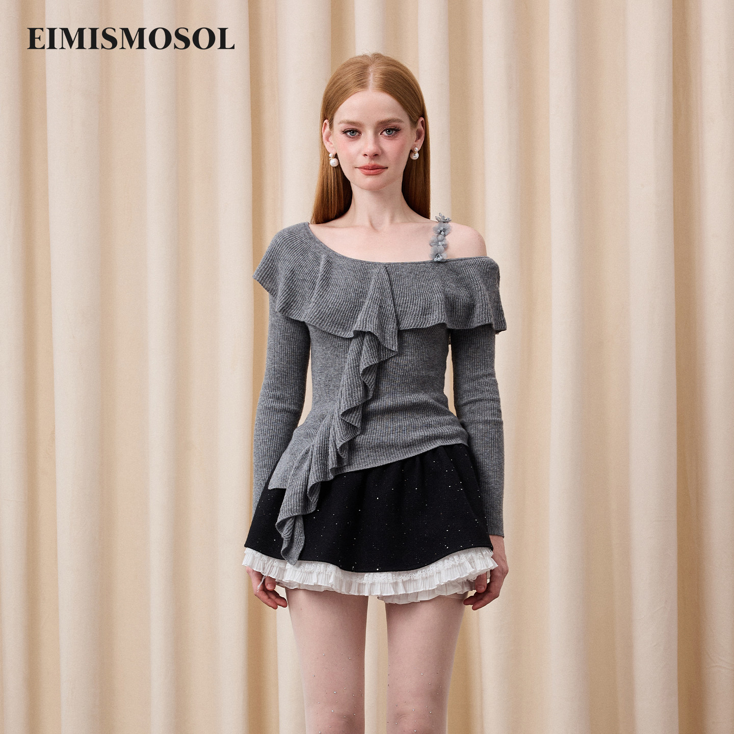 Eimismosol2026新款法式斜肩花朵荷叶边针织衫女修身显瘦毛衣