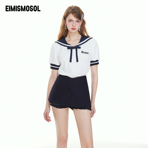 Eimismosol夏季新款polo领短袖花苞短裤白色修身小个子宽松正肩