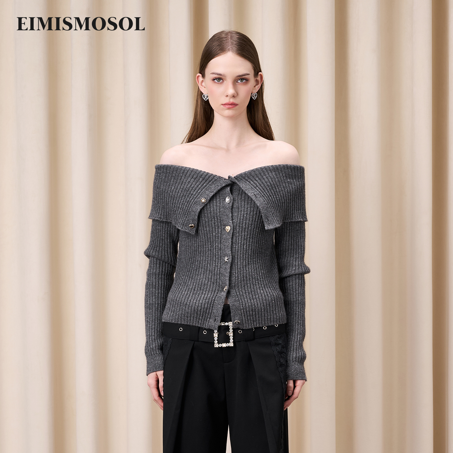 Eimismosol2025秋冬新品一字肩针织开衫女大翻领露肩长袖修身毛衣